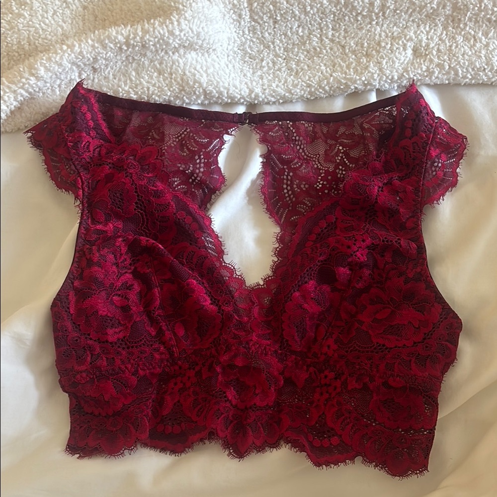 La Senza Red Lace Plunge Bralette with Scalloped Edges